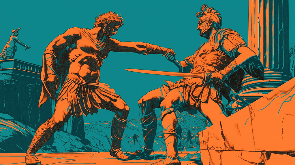 Dima_Svetlolazarovic_a_flat_duotone_duel_scene_of_achilles_vers-The-Ancient-Guru